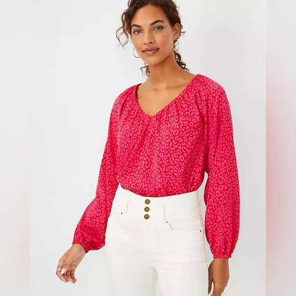 Ann Taylor Hot Pink Leopard Print Shirred V Neck Blouse Womens Size Medium - Picture 9 of 9
